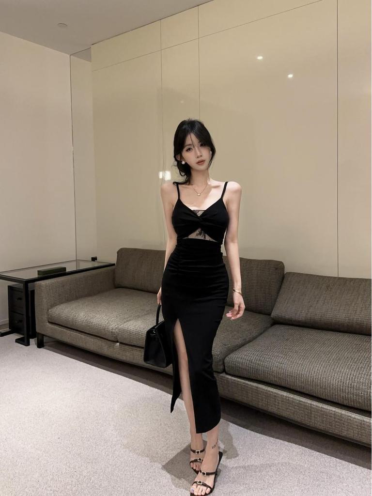 Lace Patchwork High Slit Spaghetti Strap Dress - Sexy Slim Fit, Open Back, Low Cut Evening Wear for Women