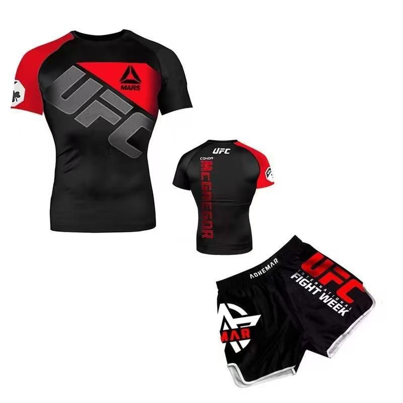 Herren Kompressions MMA Boxen Trainingsset Kurzarm Rash Guard Shorts Kampfsport Fitness