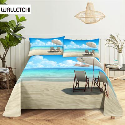 Kustlandschap 0.9/1.2/1.5/1.8/2.0m Digitaal Gedrukt Polyester Bed Laken Met Kussensloop Print Beddengoed Set