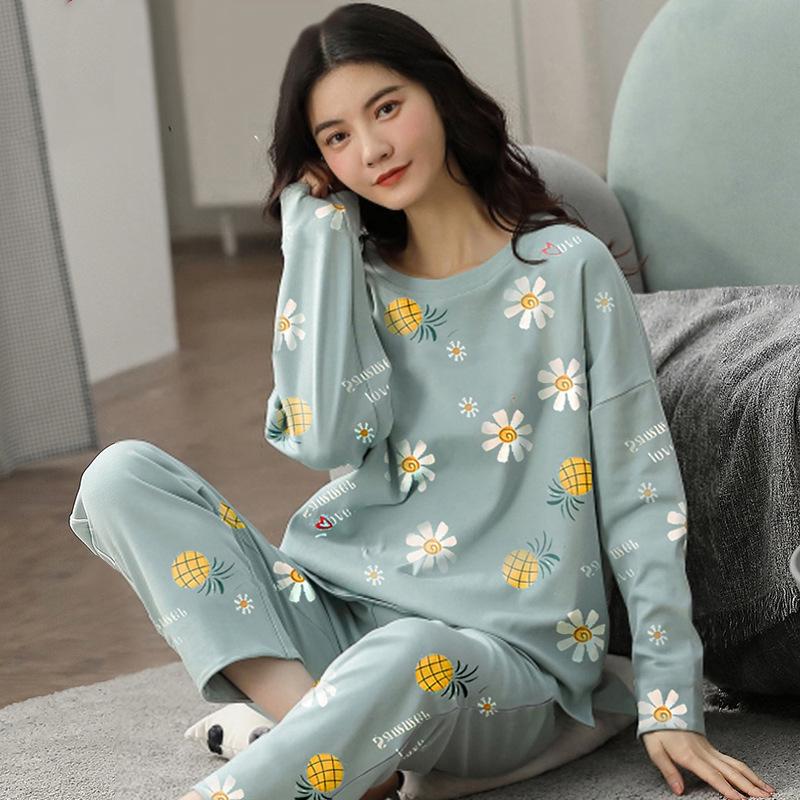 Women 2PCS Set Pajamas Girl Long Sleeve Tops Pants Printed Pyjama Femme Cute Home Ladies Sleepwear
