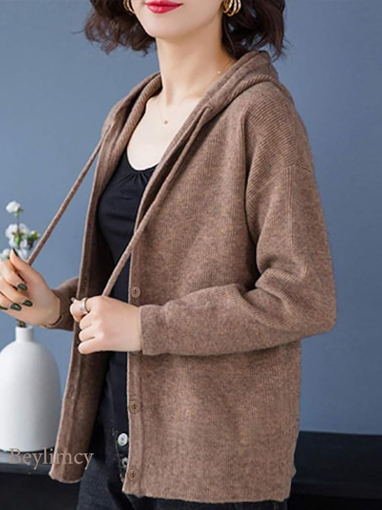 Beylimcy Hooded Long Flattering Top for and Bey72 Women's Cardigan, Sleeve, Spring, Autumn, Winter, (Coffee)