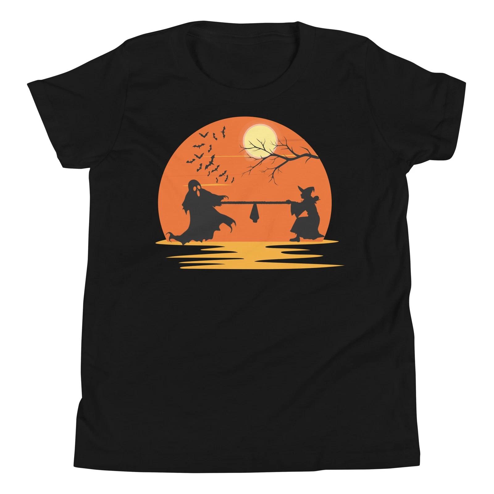 Ghost and Witch Playing Tug Of War Halloween Spooky Sunset Youth T-Shirt 130