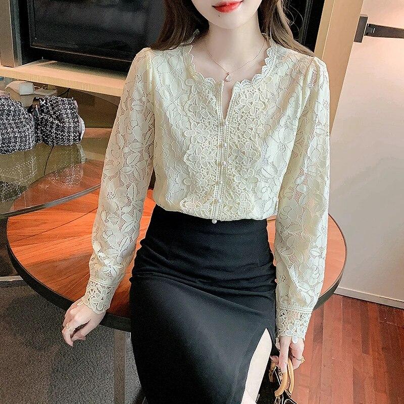 Neue Allgleiches Frauen Spitze Bluse Blütenblatt Hülse Stehkragen Aushöhlen Blume Spitze Patchwork Hemd Femme Taste Weiß Top 19234