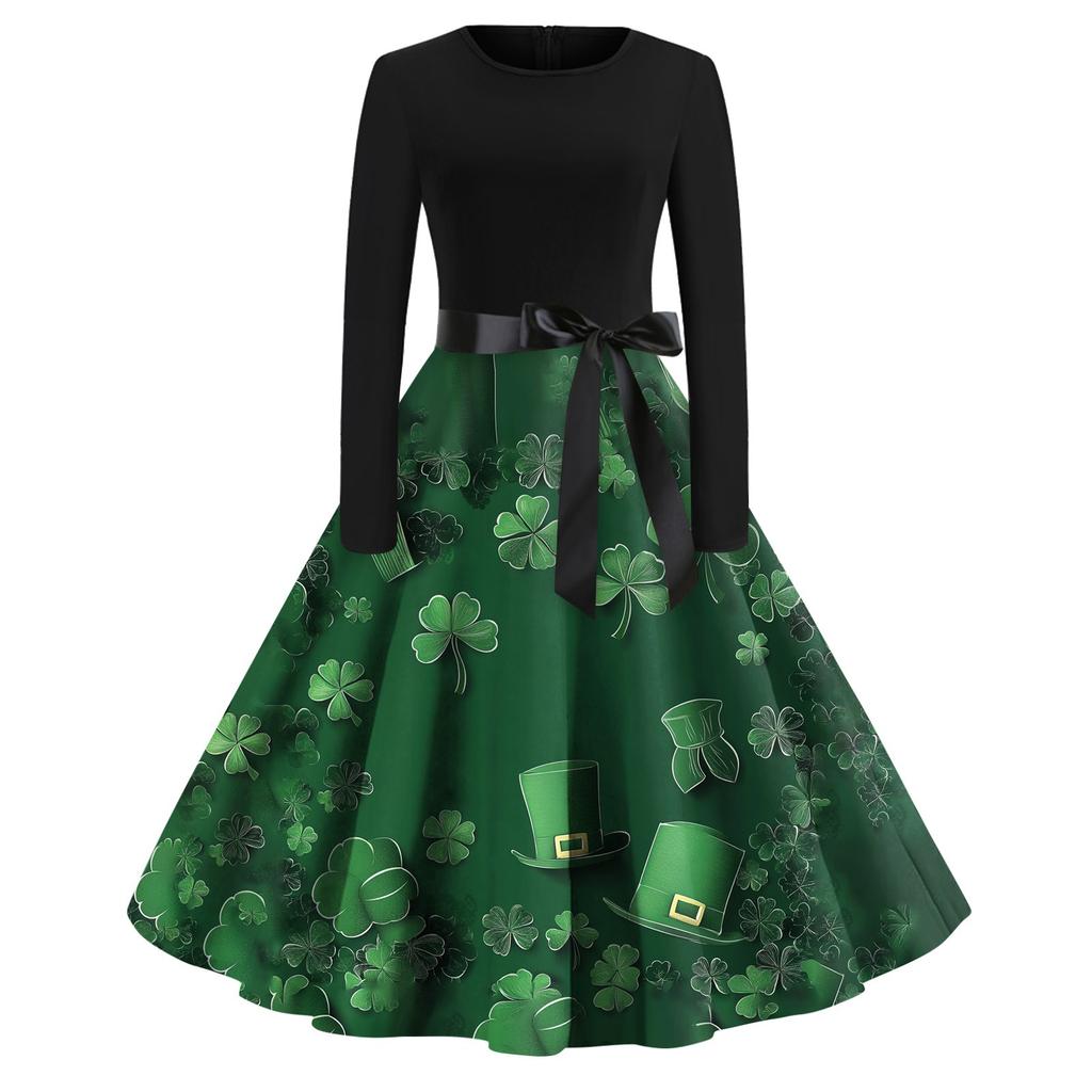 Women's Printed Round Neck Big Hem  Skirt Pleated Skirt Long Sleeved Dress Dress