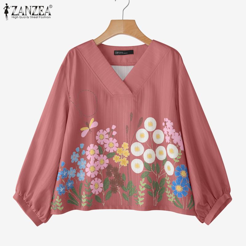 ZANZEA Women Casual V-Neck 3/4 Sleeve Loose Floral Blouse