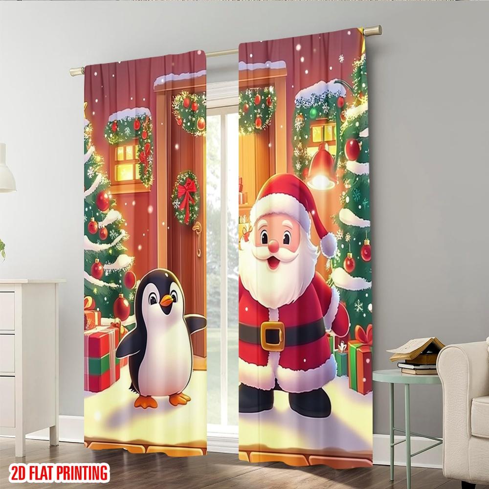 Set Of 2 Plane Printing Curtain Popular Merry Christmas Santa Penguin Door Polyester Woven Without Rod Decorations Outdoor