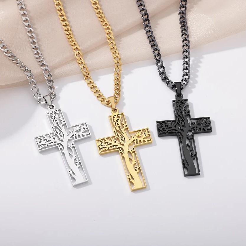 EMU hot-selling new titanium steel men's life tree cross necklace, personalized trendy brand stainless steel necklace