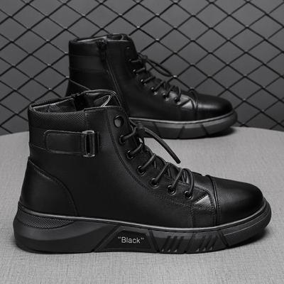 Bottines en Cuir PU Noires Chaussures de Sport pour Homme Automne Hiver Confortables Hautes Décontractées Mode Bottes à Plateforme Homme Bout Rond