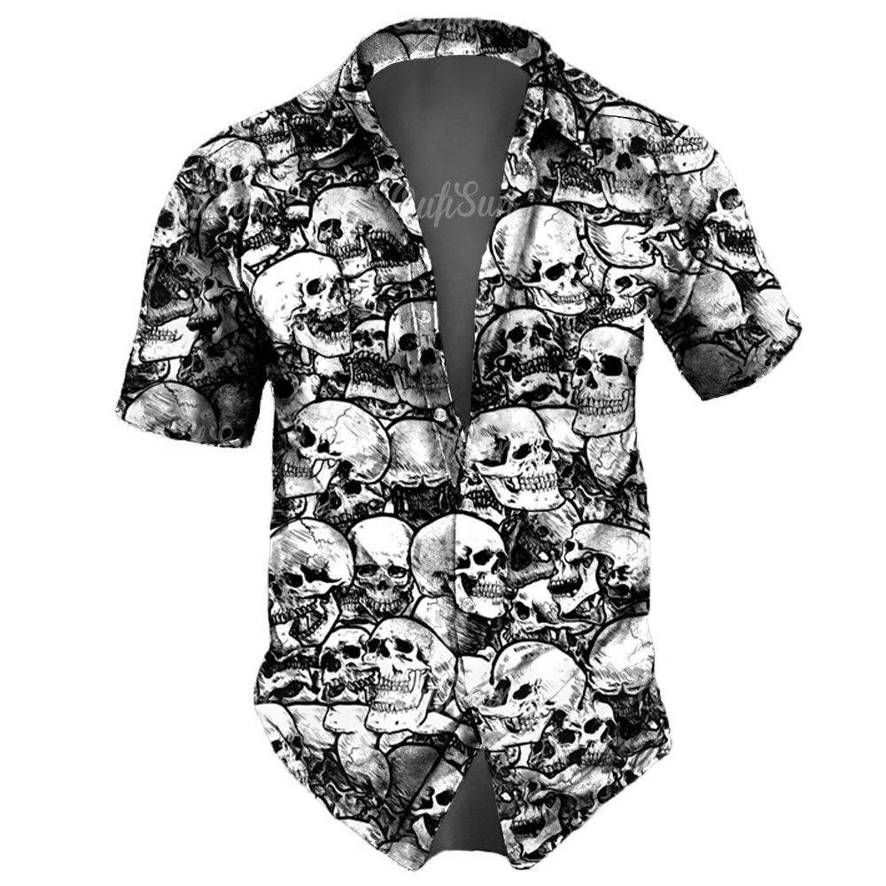 Schädel Herren Sommer Freizeithemden Hawaiianischer Kragen Streetwear Vintage Für die Straße Kurzarm Oberteil Party Urlaub Wansheng Festival