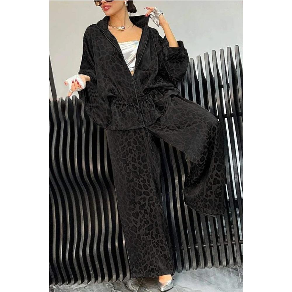 Completo Due Pezzi da Donna in Velluto con Stampa Leopardo Giacca con Zip e Pantaloni a Gamba Larga Tuta