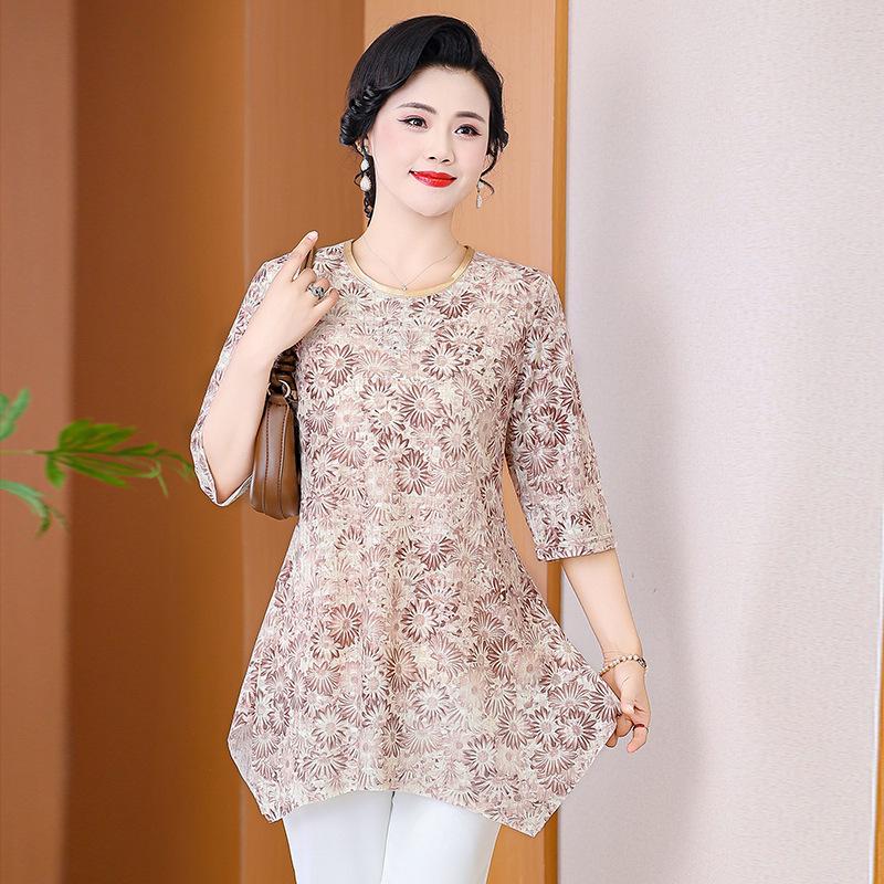 Mid-Sleeve Round Neck Tummy-Covering Stylish Top for Middle-Aged Women
