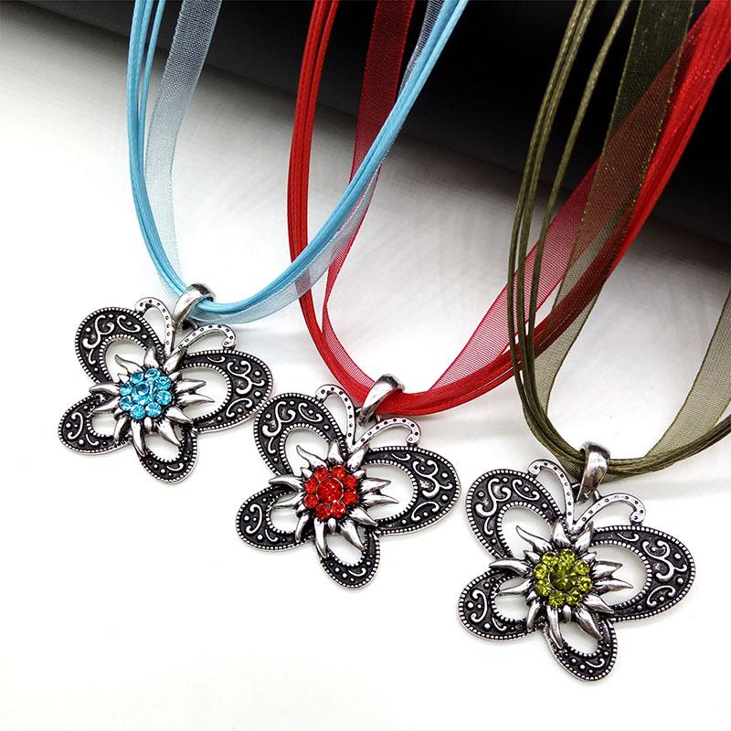 New Vintage Butterfly Necklace Jewelry Fashion Popular Retro Bohemia Style Ribbon Rope Chain Crystal Flowers Pendant Necklace