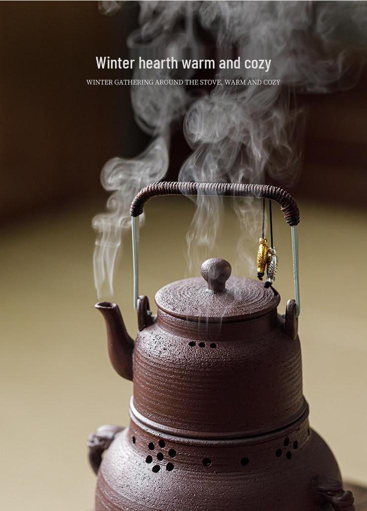 Guanlan Retro Coarse Pottery Tea Kettle Set with Alcohol Warmer for Outdoor Brewing