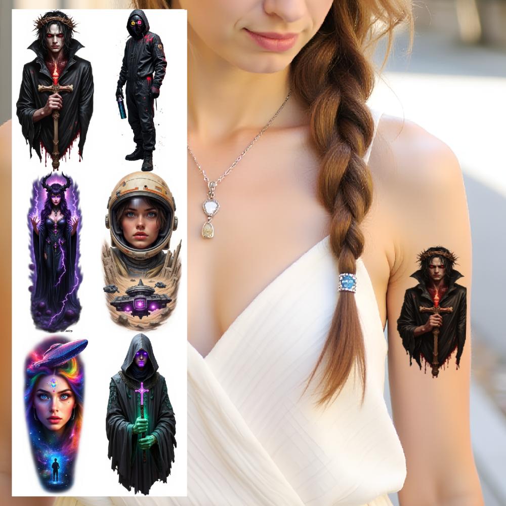 9pcs Temporary Tattoo Colorful Realism Alien Woman With UFO Wizard With Staff Dark Warrior With Scythe For Adult Arms Male