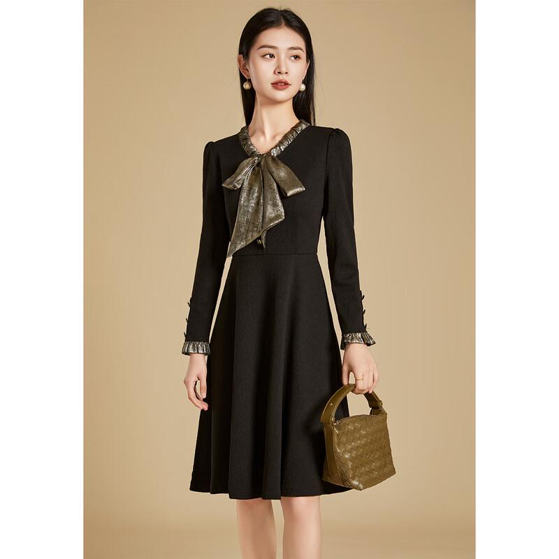 Kebeier 2025 New Autumn Long-Sleeve Black Bow Collar A-Line Dress
