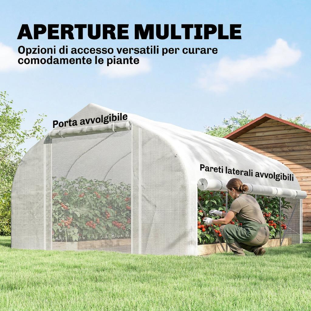4X3m Tunnel Greenhouse with PE Cover. Door and 8 Roller Windows. White