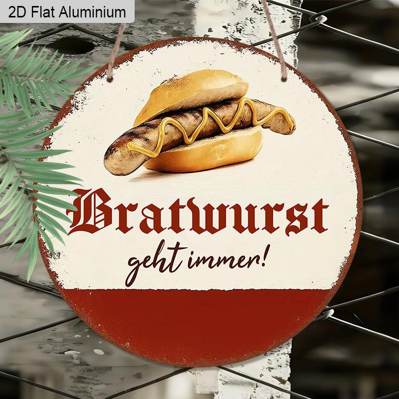 2D Flat 1pc Vintage Sausage Aluminum Decoration Plaque, German "Bratwurst Geht Immer" Lettering Sign, Kitchen Decor, Diner Decor, BBQ Area Decor