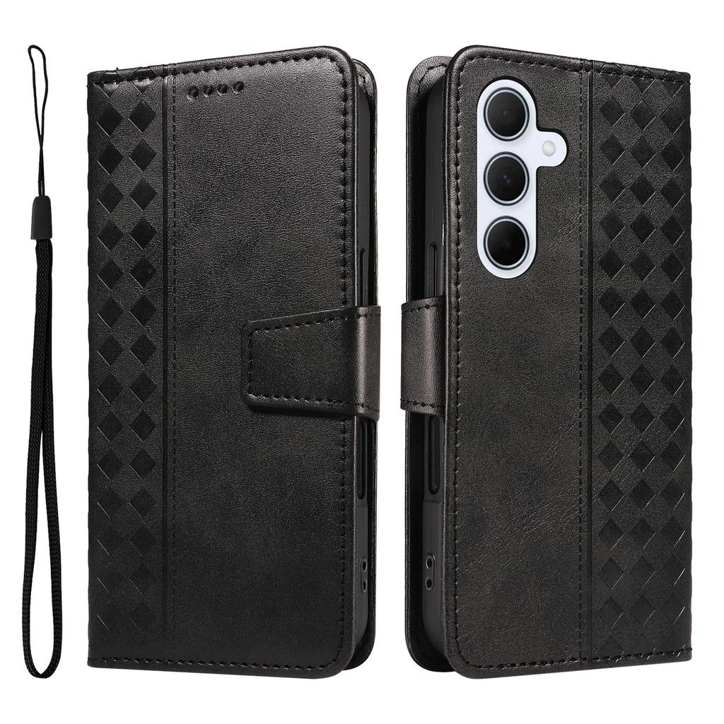 For Samsung Galaxy A55 5G Leather Case Wallet Stand Grids Imprinted Phone Cover with Strap