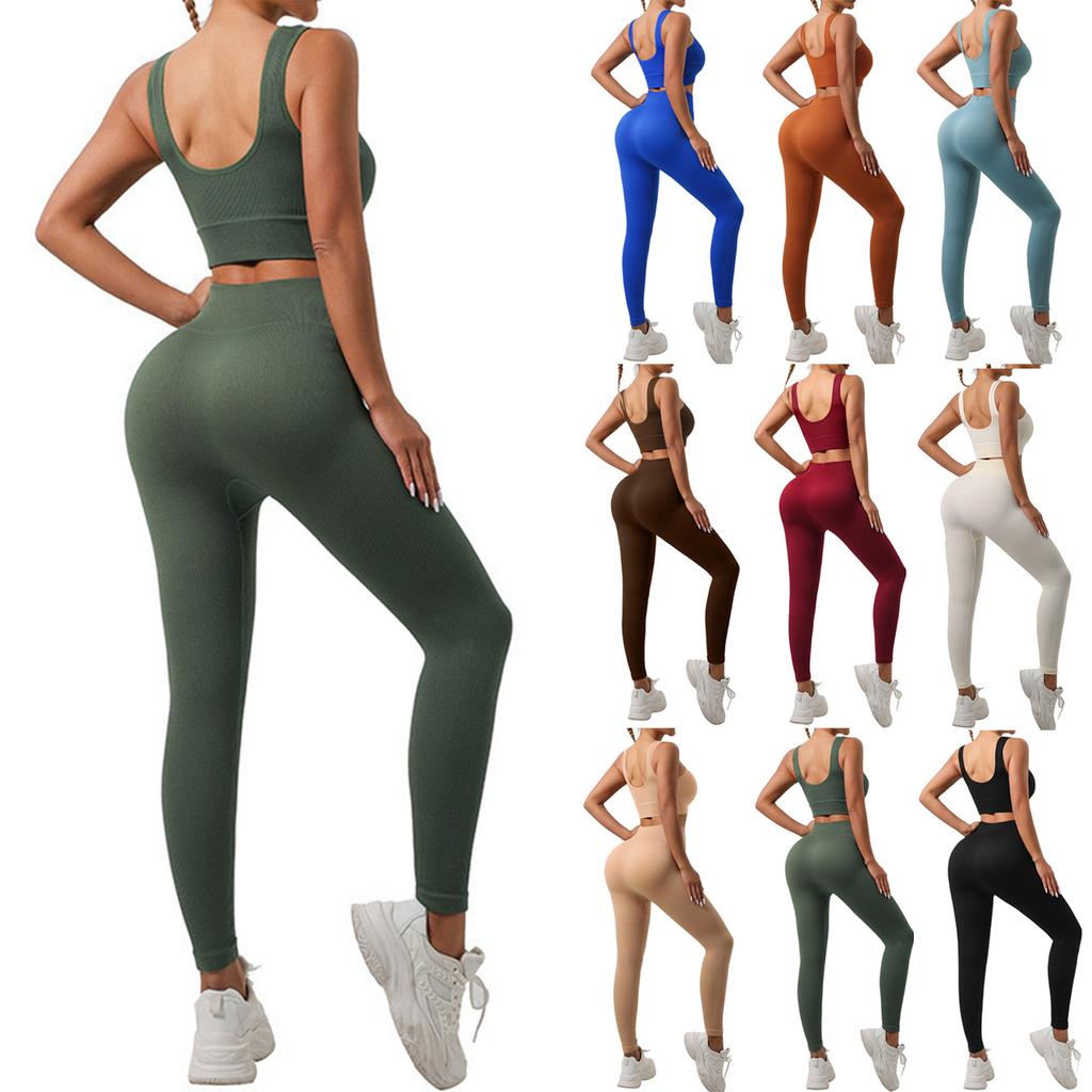 Women's Fashion U Neck Sleeveless Top High Waist Tight Fit Fitness Running Sports Pants Yoga Two Piece Set