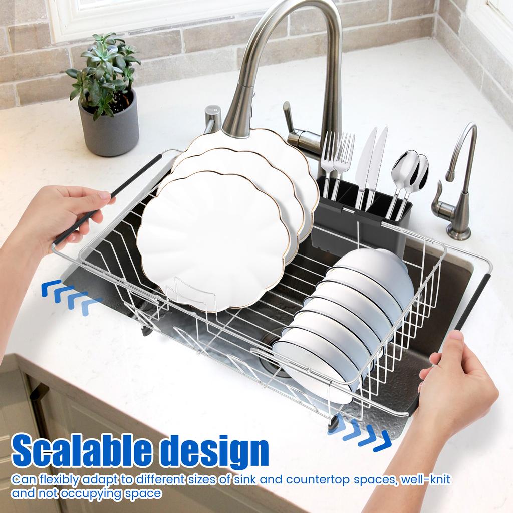 Adjustable Sink Dish Drying Rack Carbon Steel Tableware Rack with Nonslip Rubber Arm and Utensil Holder Kitchen Fruit Drainer