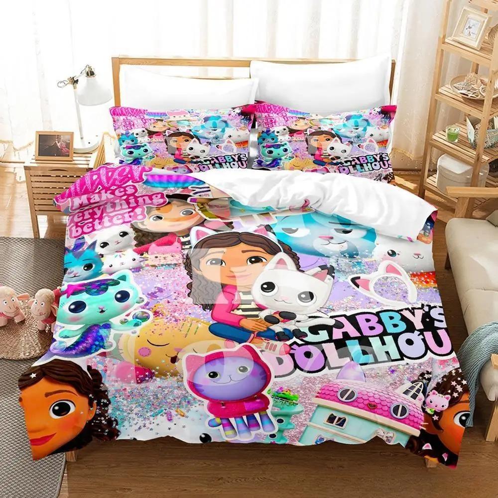 Gabbys Dollhouse Bedding Set Single Twin Full Queen King Size Bed Set Adult Kid Bedroom Duvet Cover Sets 3D Anime Bed Sheet Set
