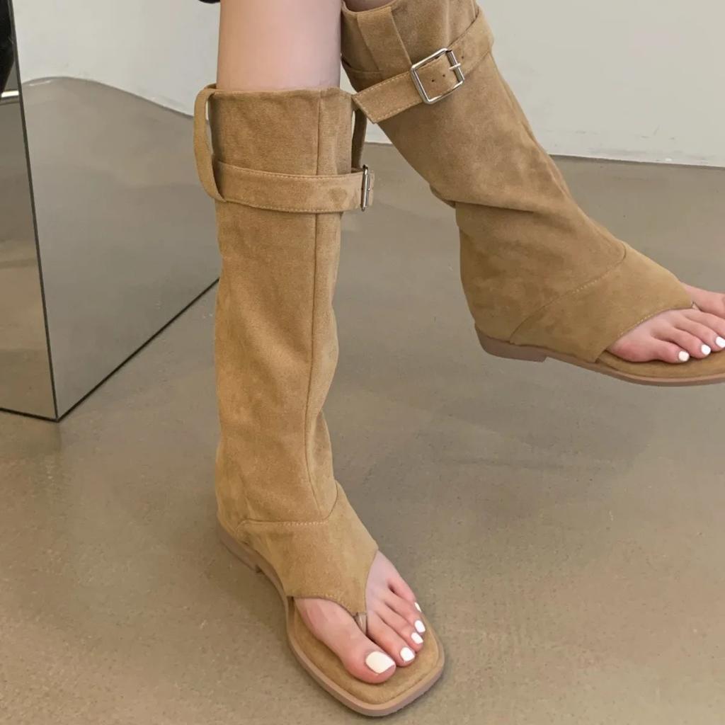 Women Sexy Black Suede Ruffled Boots Women  Summer Clip Toe Flat Gladiator Sandals Woman Western Cowboy Boots Sandals Mujer