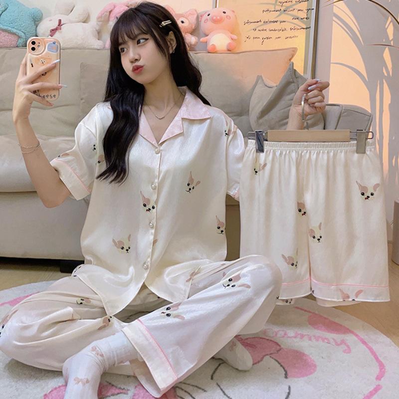 New Ice Silk Pajamas Women'S Summer Suit Student Girl Long-Sleeved Trousers Two Pieces Silk Loungewear