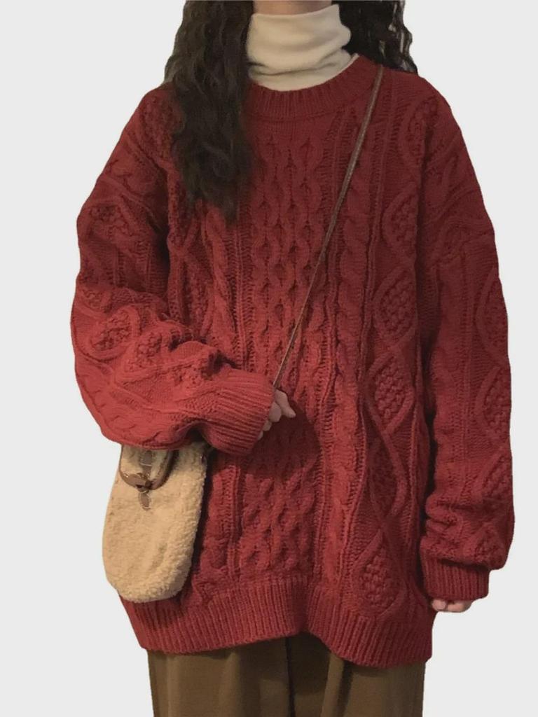 Women's Red Cable Knit Sweater - Cozy Autumn/Winter Japanese Retro Loose Fit
