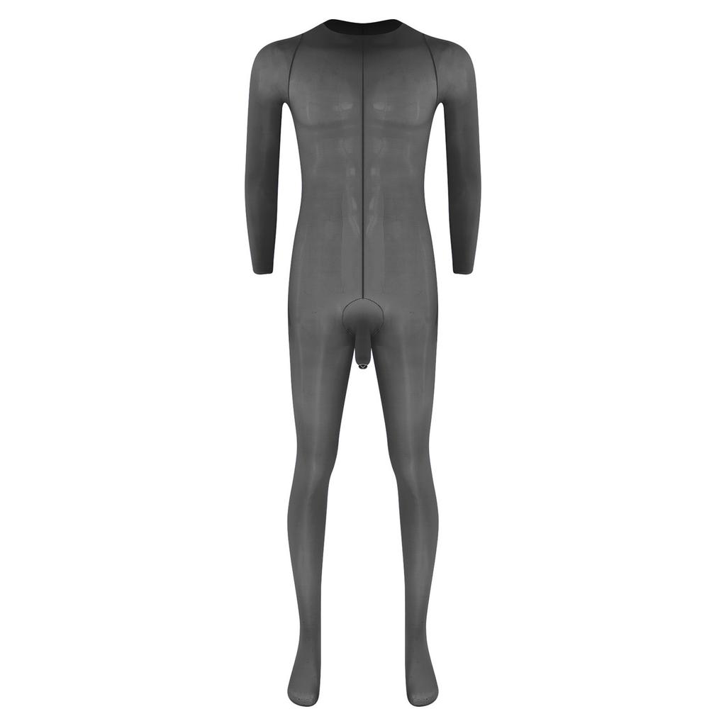 Herren Glänzender Fußbodysuit Jumpsuit Rundhalsausschnitt Langarm Scheide Öffnung Sehr Dehnbar Glänzend Nachtwäsche