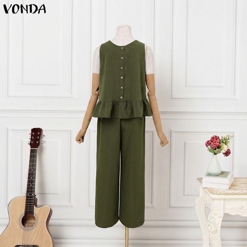 VONDA Two Piece Suit Summer Women Sleeveless Tank Tops and Long Pants Casual Sets L