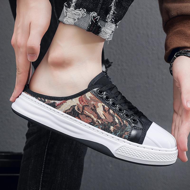 2025 Summer Canvas Sneaker Semi-Drag Men Casual Shoes Half Shoes For Men Loafer Mules Slipper Outdoor Backless Flats Man Slides