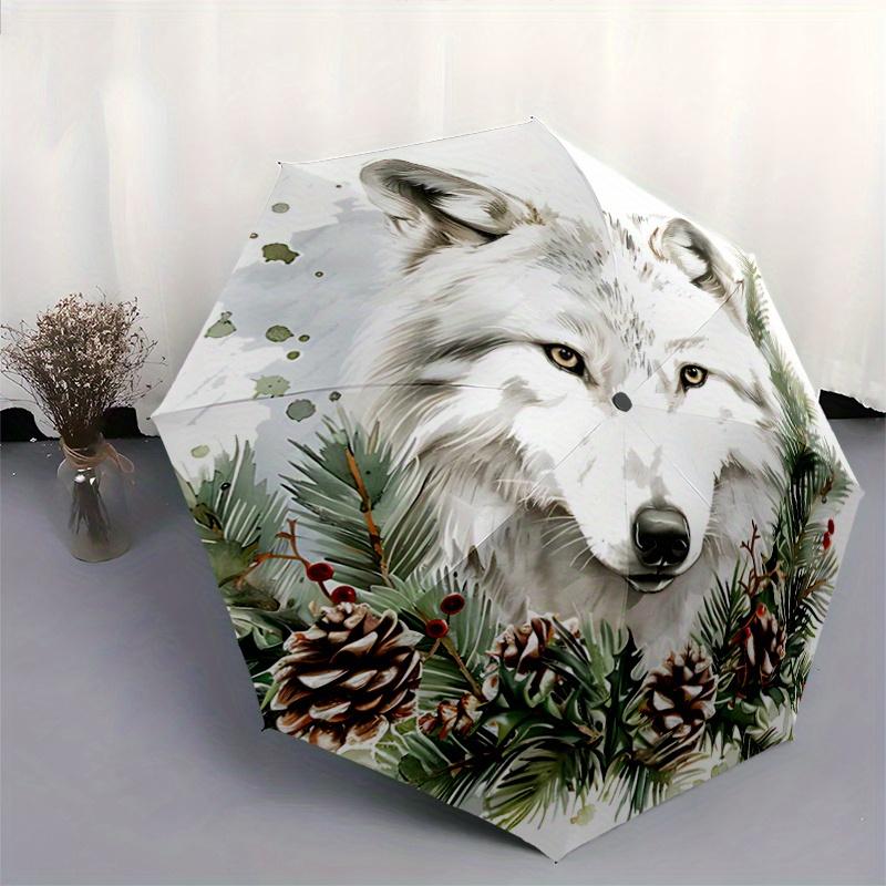 1 Stück Winterwolf-Kranz Automatischer Öffnungs-/Schließschirm,Kompakter Schirm für Männer & Frauen Tagesgeschenk.A091