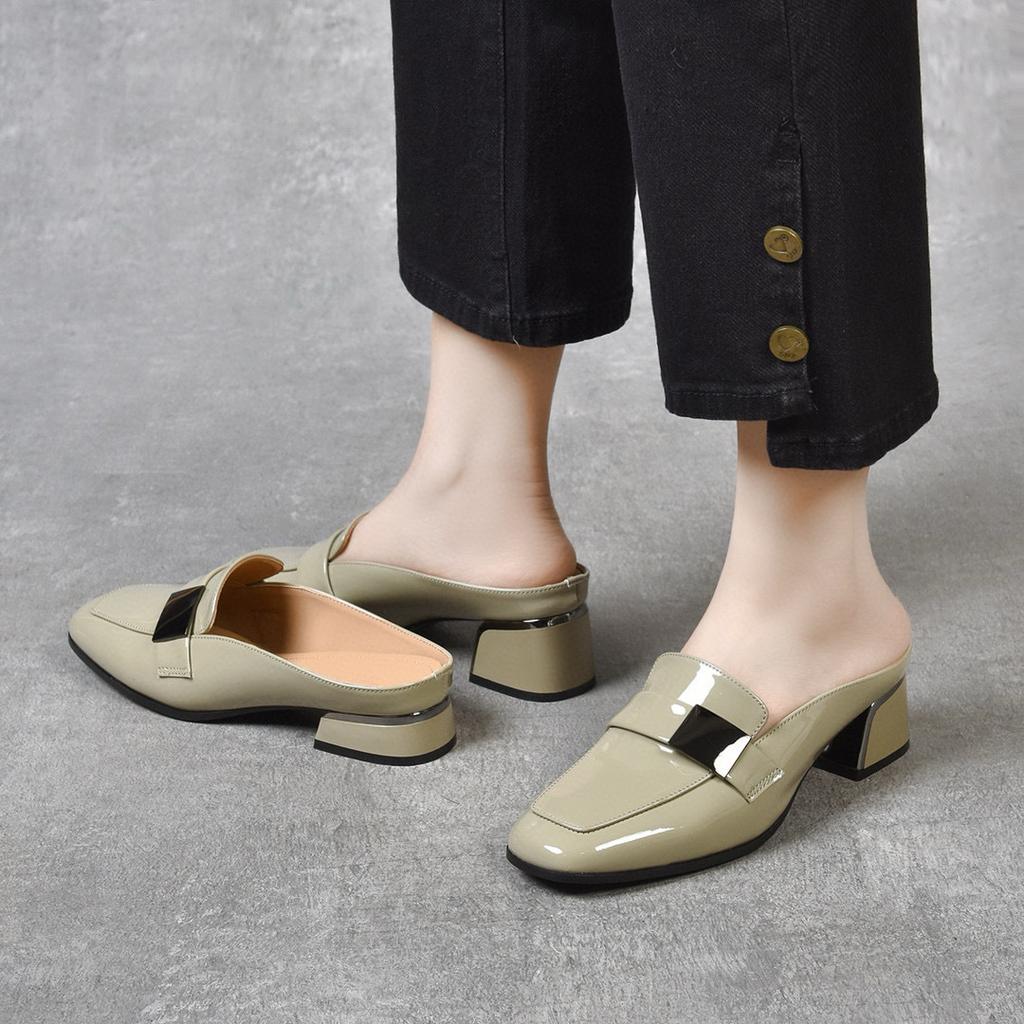 Slippers Women's Outer Wear 2025 Summer Two Heights Square Buckle Cow Patent Leather Low Heel Bag Head Half Drag Square Head Women's Cool Slippers