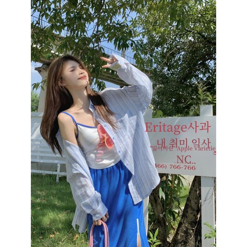 Texture Sense Sun Protection Shirt Long sleeve Stripe Shirts 2024 New Women Summer Thin Small Shirt Outerwear Top