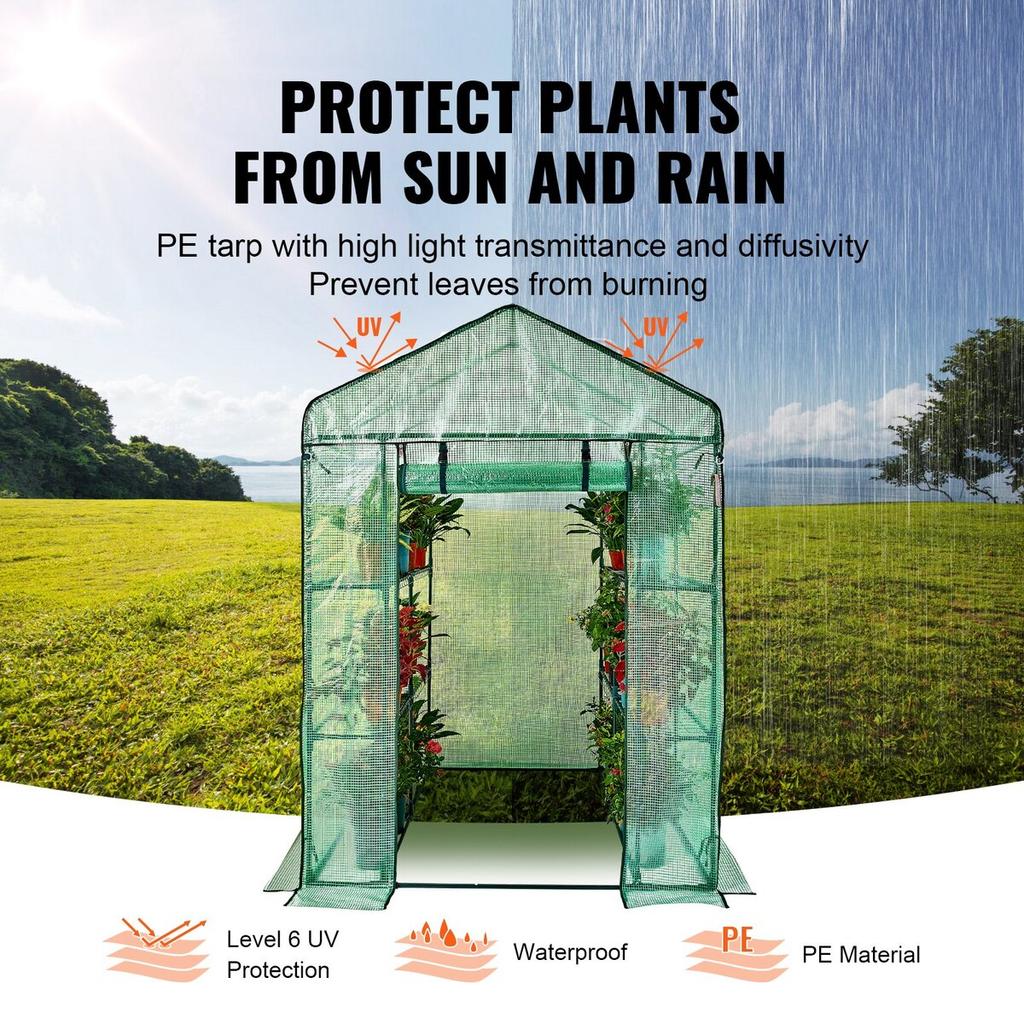 Walk-in Green House, 4.6 X 4.6 X 6.6 Ft Greenhouse with Shelves, Set Up In Minutes, High Strength PE Cover with Doors & Windows and Steel Frame,
