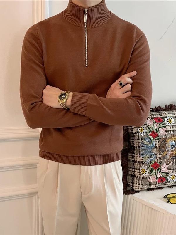 

Мужской свитер с длинным рукавом, полуворотником на молнии, 2023 - Осень/Зима, универсальный вязаный пуловер L коричневый
