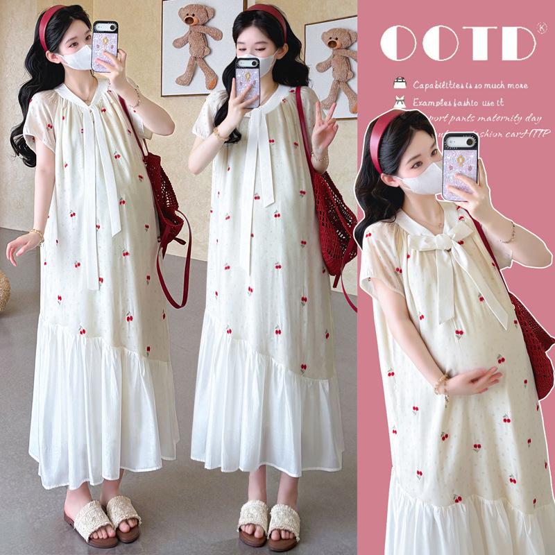 2026 Summer Korean Style Cherry Embroidery Ribbon Maternity Dress - Fashionable and Age-Defying