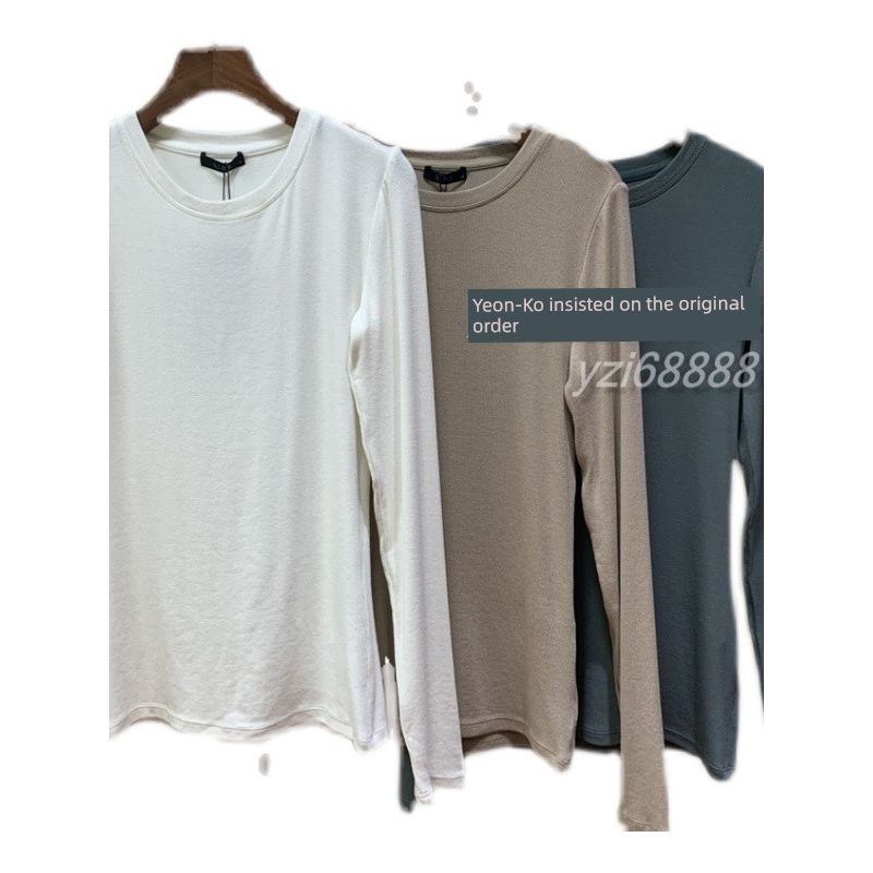 Russian Single Fall and Winter Plaid Elastic Slim Fit Slim Looking Pure Color All-Matching round Neck Long Sleeve Bottoming Top Women