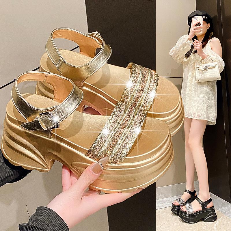 Women's Sandals for Summer Outdoor Wear, Light Luxury Rhinestone Thick-soled Roman Shoes, Exquisite All-match Sandals
