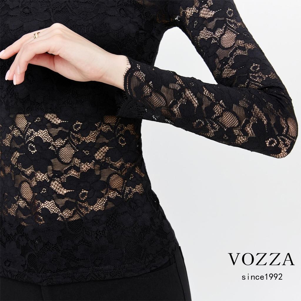 VOZZA Stretch-Bluse mit langem und einem hohen Power-Netz-Lang und einem Stehkragen, floral eng und entspannt, Damen-Allover-Spitze, durchscheinende Stickerei,