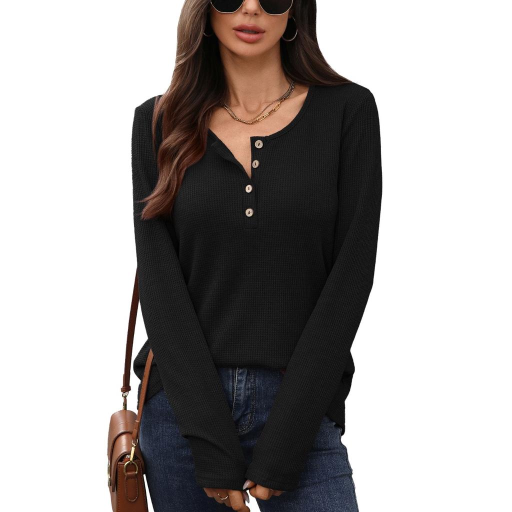 Fall Winter New Women's Solid Color Crew Neck Buttoned Loose Long Sleeve T-shirt Top Leisure Trade Europe America