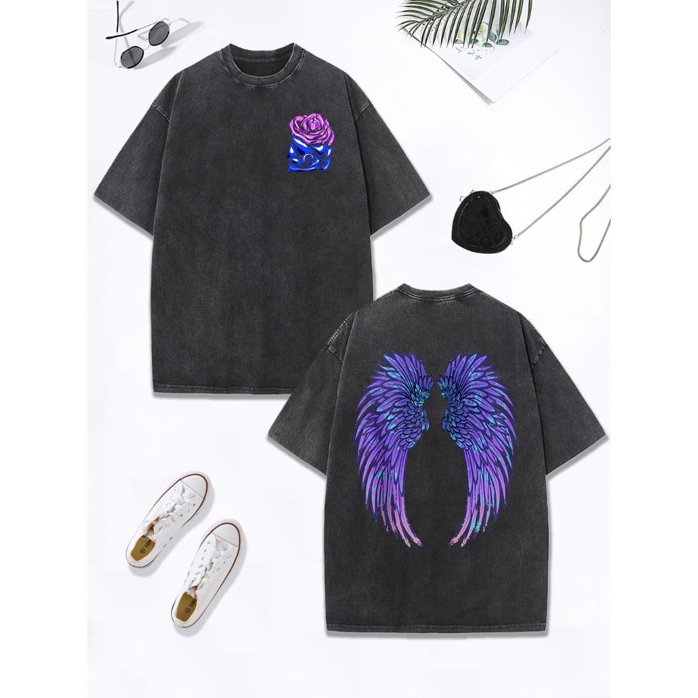 Cool Purple Creative Wings Rose Prints Washed T-Shirt Women Cotton Oversized T Shirt Distressed O-Neck Tops Clothes