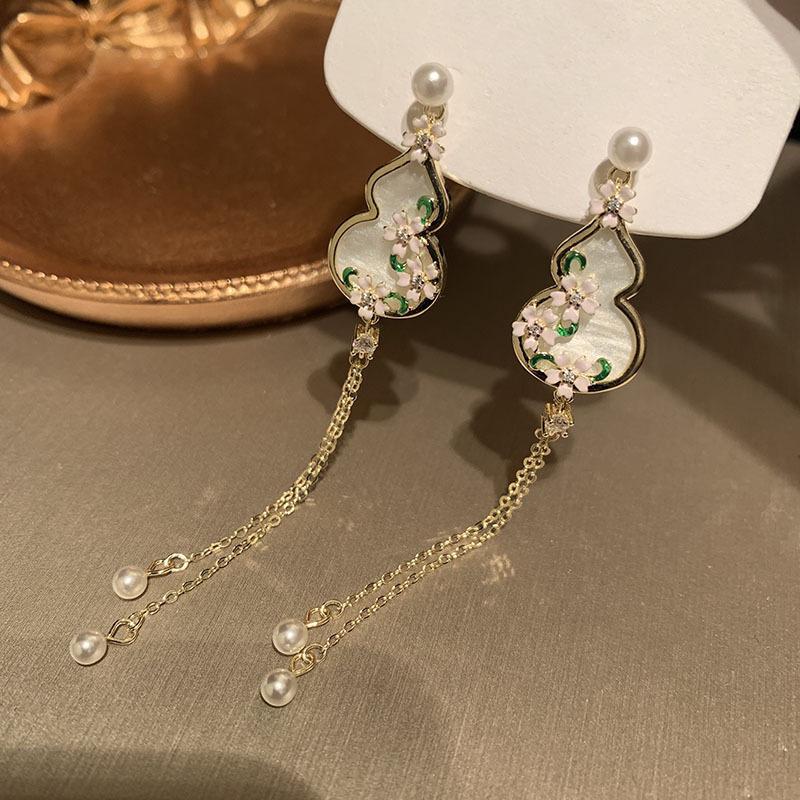 New Chinese style silver needle flower gourd pearl fringed earrings atmosphere fringed earrings light luxury high-end earrings women