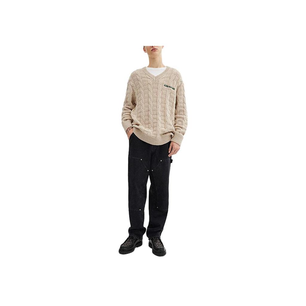 Coach FW24 Logo Cable Knit V-Neck Long Sleeve Sweater Men sweater Light-Brown CT741-OTM