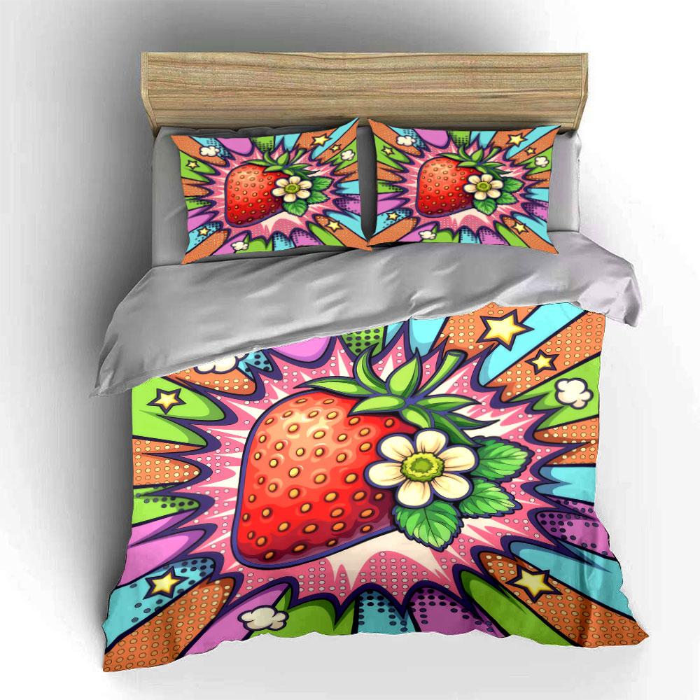 "Strawberry Pop Art Decor Set" Bedding Set with 1 Duvet Cover 2 Pillowcases Single Double King Queen, Gift
