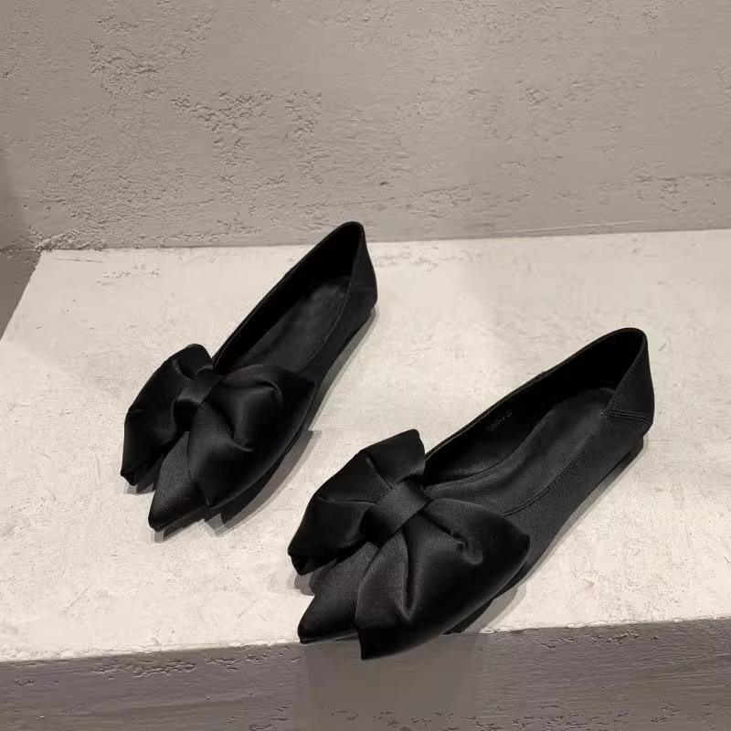 Fashion Flat Shoes for Women Spring Autumn 2025 New Casual Pointed Bow Green Black Plus Size 42 43 44 Women's Shoes Ladies Loafers