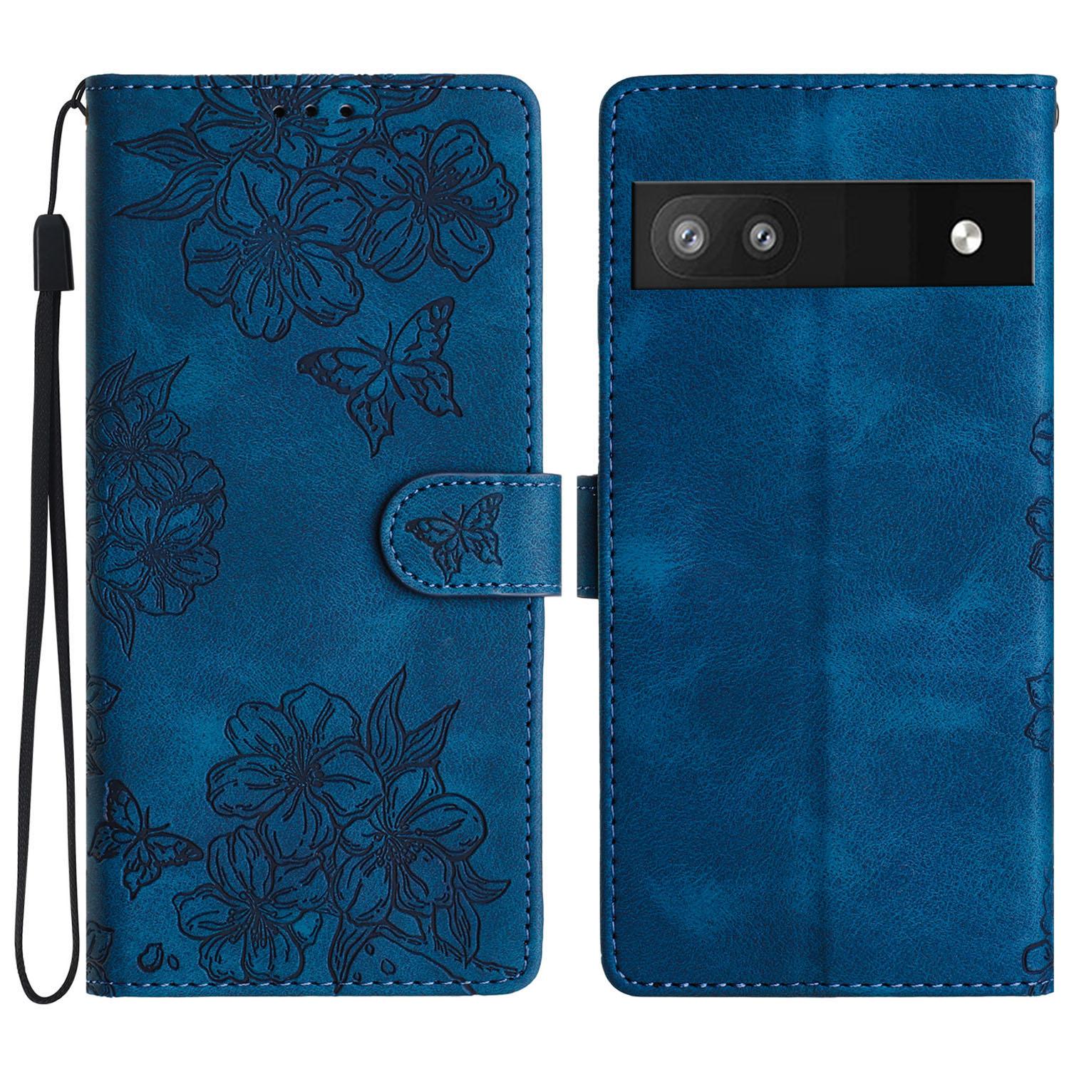 

For Google Pixel 8a Case PU Leather Butterfly Flower Folio Card Slots Phone Cover Blue