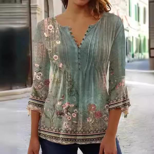 Women Long Sleeve T-Shirt V-Neck Loose Blouse Flower Print Casual Shirt Female Comfortable Top