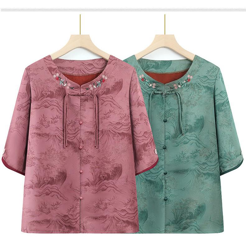 2026 Spring/Summer Embroidered Lace-up Round Neck Top for Middle-aged Women – Short Sleeve Chinese Style Shirt