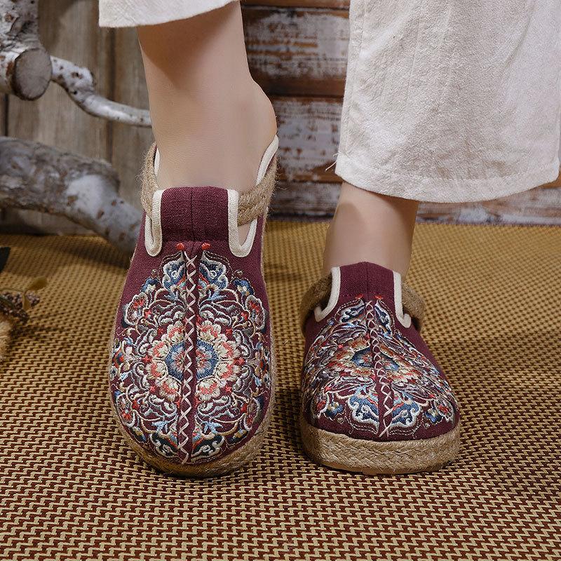 Summer new bag head half slippers women can wear ethnic style embroidered cool slippers flat heel thick sole linen lazy shoes